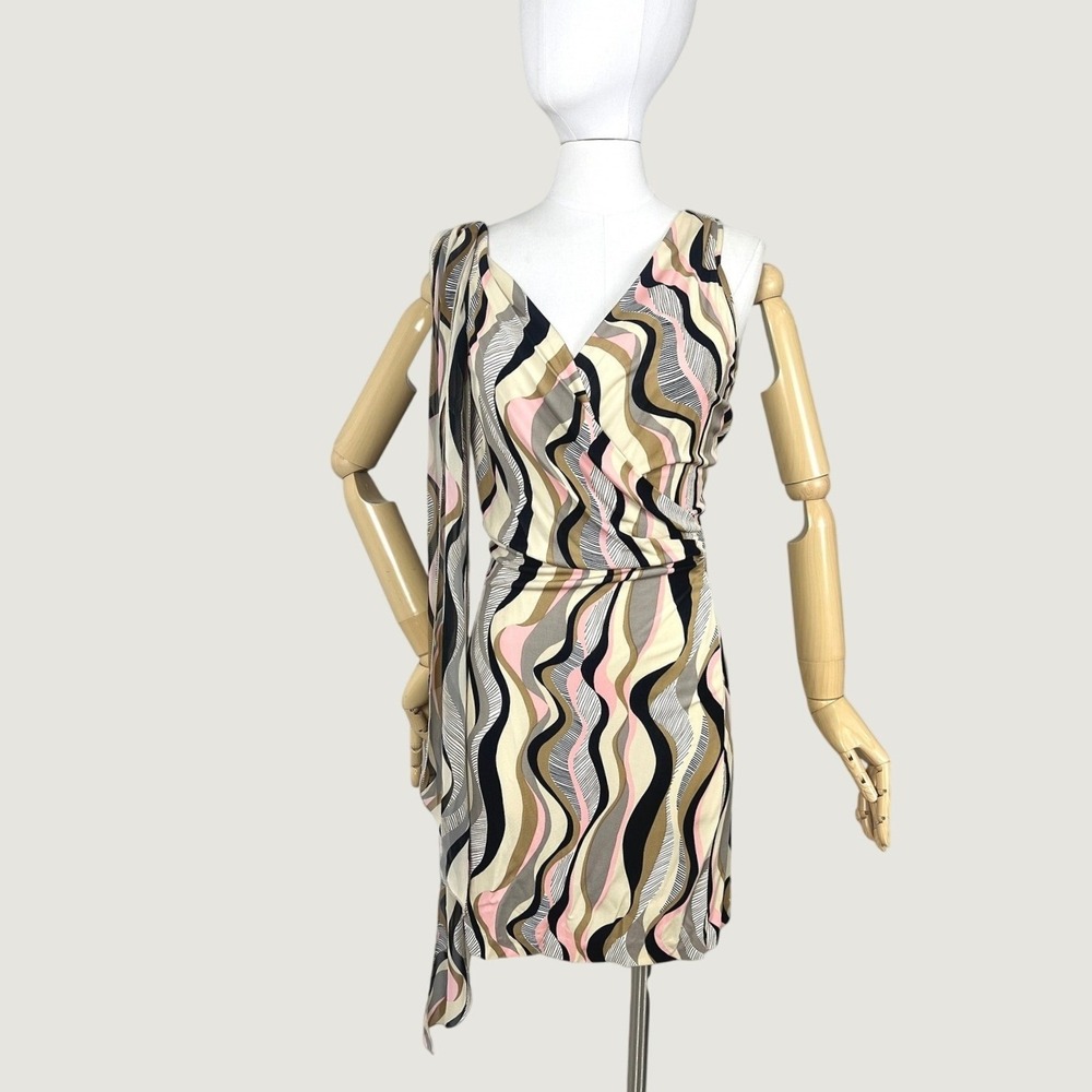 Bebe Vintage Y2K Ruched Mini Dress Psychedelic Wave Print Pink Black Sand Medium